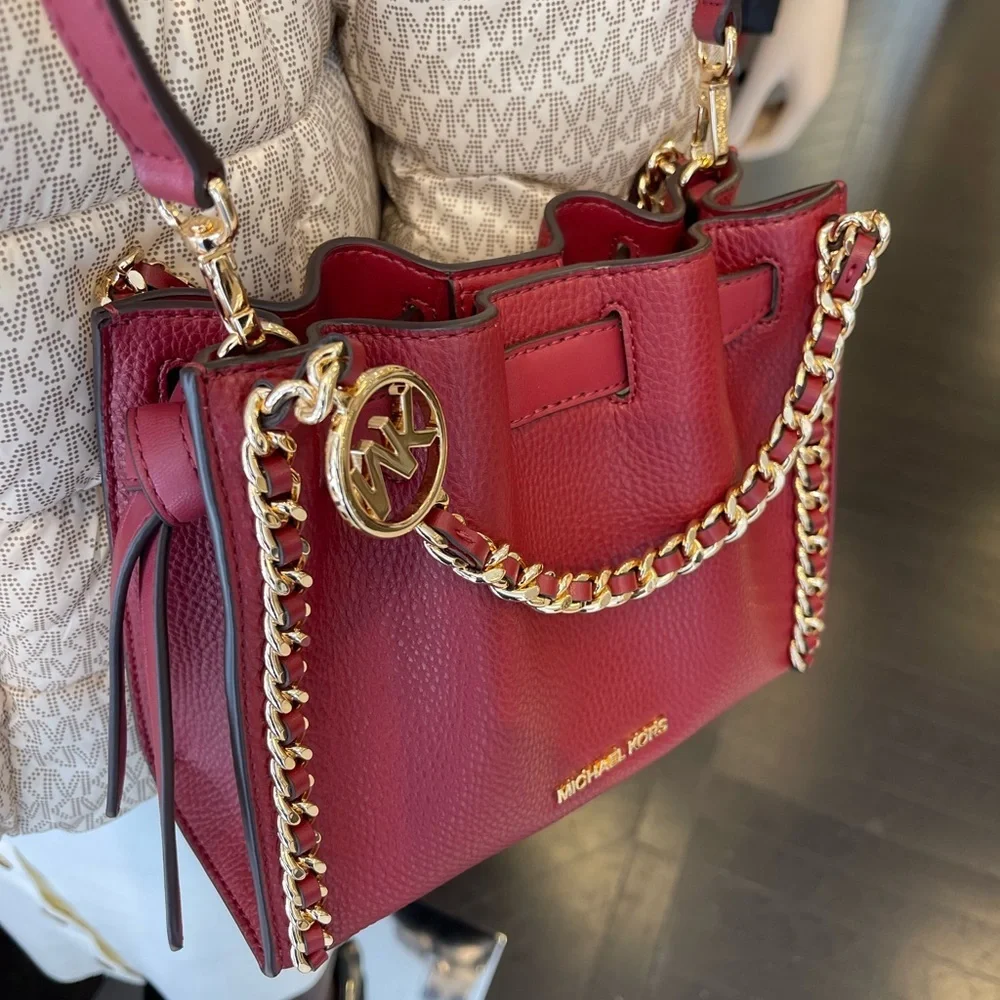 MICHAEL KORS Mina Small Chain Crossbody XBody Bag Belt Chain Inlay Cherry NWT